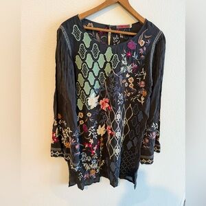 Johnny Was Black Top with Multicolor Embroidery